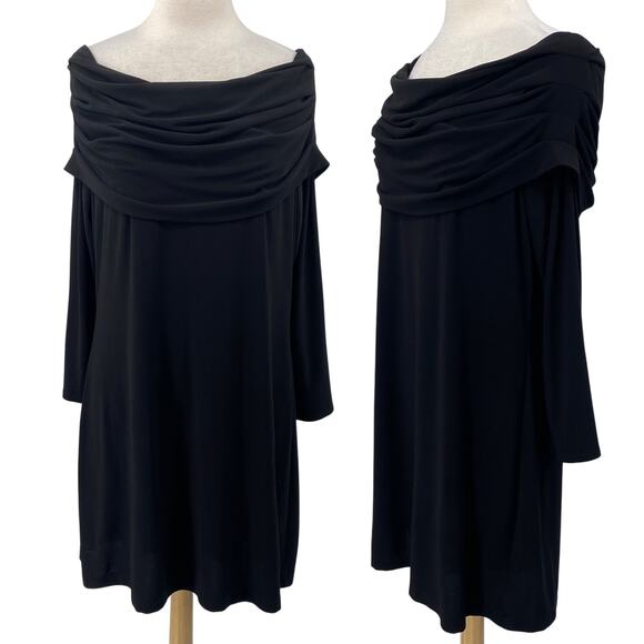 WHBM Cowl Neck Mini Dress Tunic Off Shoulder Draped Pleat Long Sleeve Black XL - Picture 1 of 9
